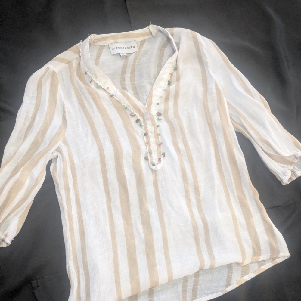 Alta Parker Women's Elegant Beige and White Striped Blouse